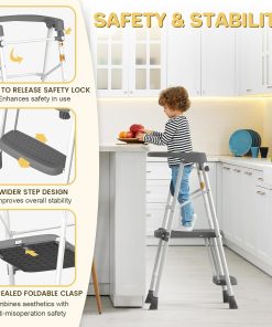 HBTower Kids 2 Steps Step Stool, Toddler Tower for Kitchen Counter Learning, Toddler Kitchen Stool Helper with Anti-Drop Safty Railing Kids Standing Folding Stepper - 4