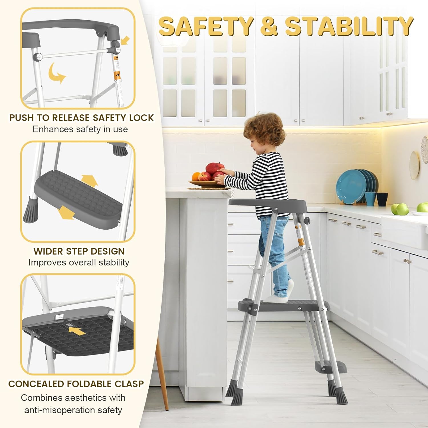 HBTower Kids 2 Steps Step Stool, Toddler Tower for Kitchen Counter Learning, Toddler Kitchen Stool Helper with Anti-Drop Safty Railing Kids Standing Folding Stepper - 4