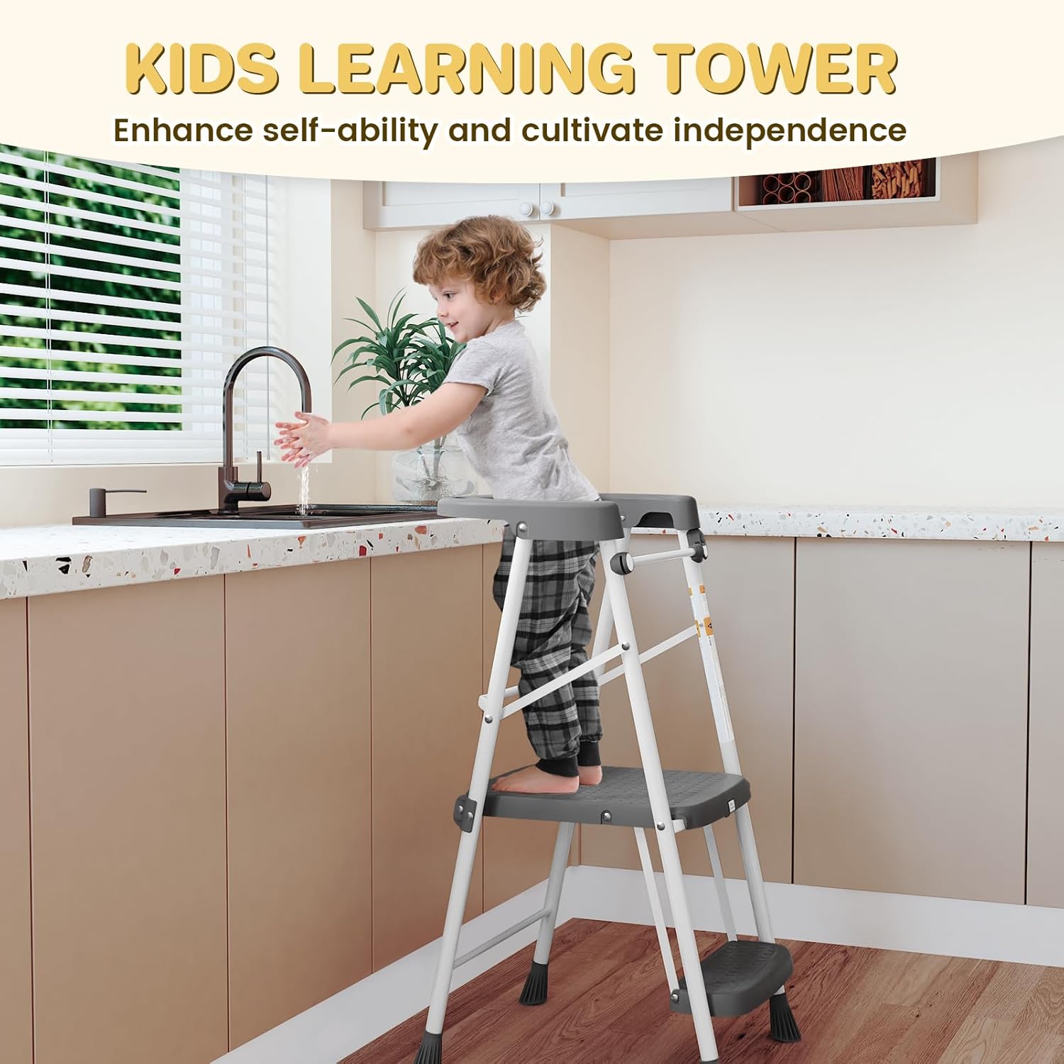 HBTower Kids 2 Steps Step Stool, Toddler Tower for Kitchen Counter Learning, Toddler Kitchen Stool Helper with Anti-Drop Safty Railing Kids Standing Folding Stepper - 6