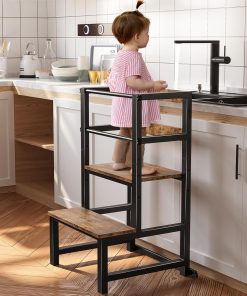 INNOD Kitchen Step Stool for Toddlers, Height Adjustable Toddler Tower with Safety Rail, Steel and Wood Toddler Kitchen Stool Helper Kids, Stool for Kids, Learning Tower, Kids' Desk Brown - 1