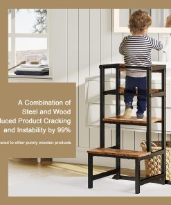 INNOD Kitchen Step Stool for Toddlers, Height Adjustable Toddler Tower with Safety Rail, Steel and Wood Toddler Kitchen Stool Helper Kids, Stool for Kids, Learning Tower, Kids' Desk Brown - 2