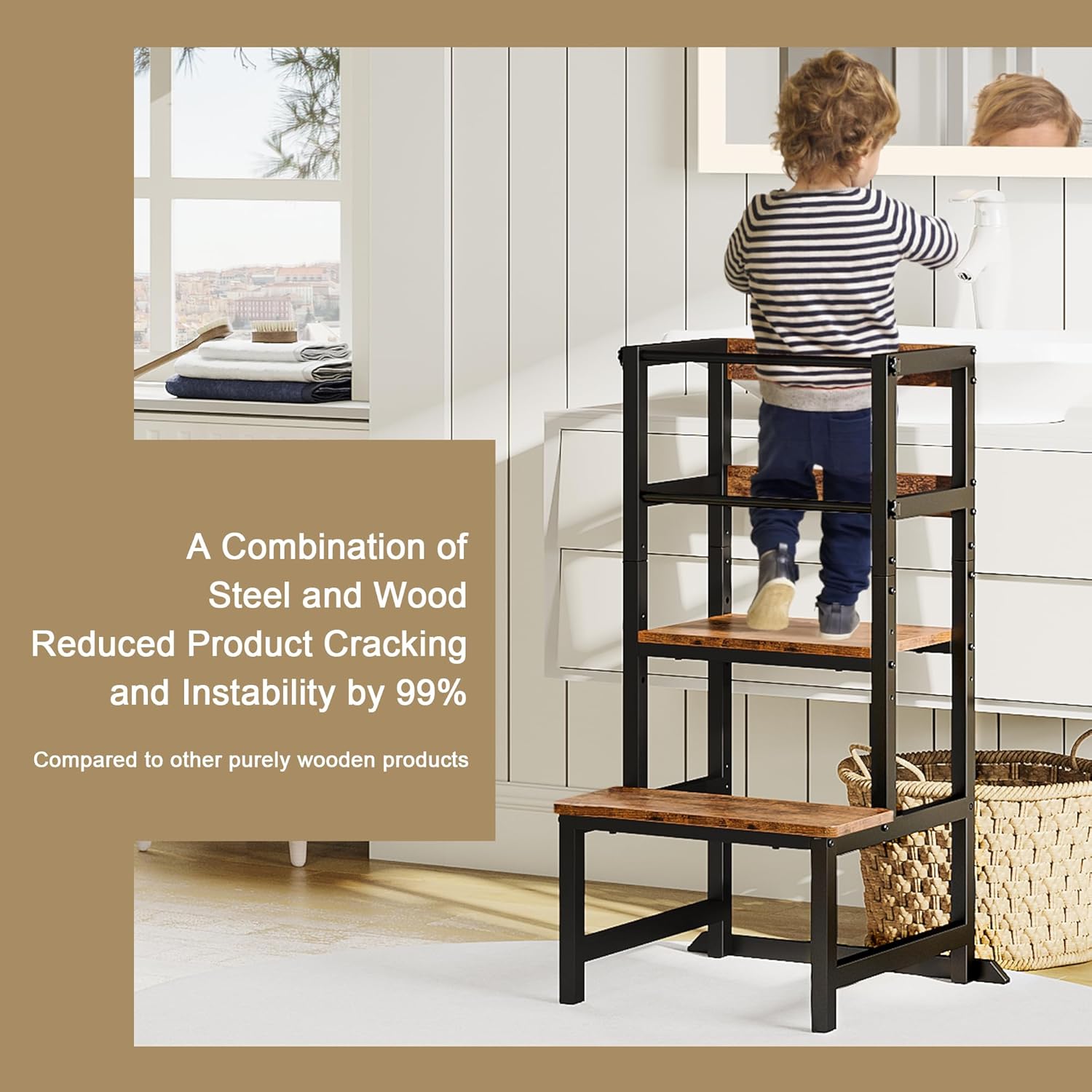 INNOD Kitchen Step Stool for Toddlers, Height Adjustable Toddler Tower with Safety Rail, Steel and Wood Toddler Kitchen Stool Helper Kids, Stool for Kids, Learning Tower, Kids' Desk Brown - 2