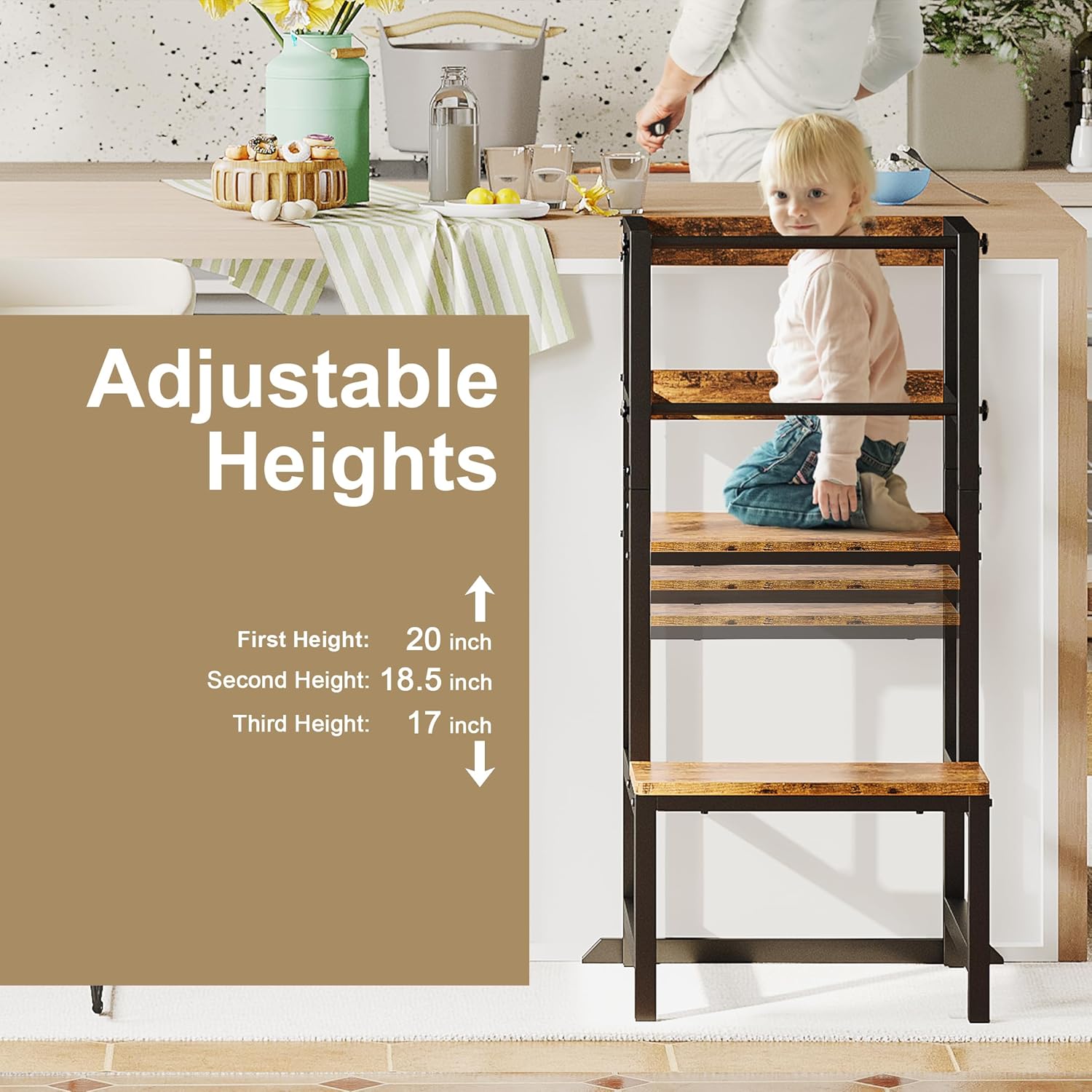 INNOD Kitchen Step Stool for Toddlers, Height Adjustable Toddler Tower with Safety Rail, Steel and Wood Toddler Kitchen Stool Helper Kids, Stool for Kids, Learning Tower, Kids' Desk Brown - 3