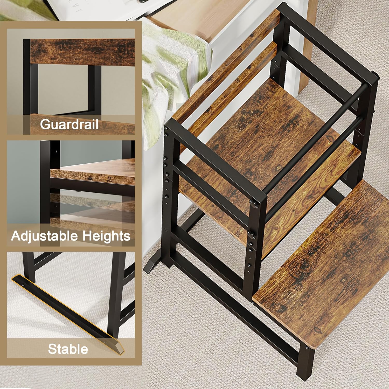 INNOD Kitchen Step Stool for Toddlers, Height Adjustable Toddler Tower with Safety Rail, Steel and Wood Toddler Kitchen Stool Helper Kids, Stool for Kids, Learning Tower, Kids' Desk Brown - 6
