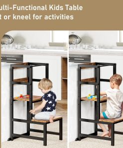 INNOD Kitchen Step Stool for Toddlers, Height Adjustable Toddler Tower with Safety Rail, Steel and Wood Toddler Kitchen Stool Helper Kids, Stool for Kids, Learning Tower, Kids' Desk Brown - 8