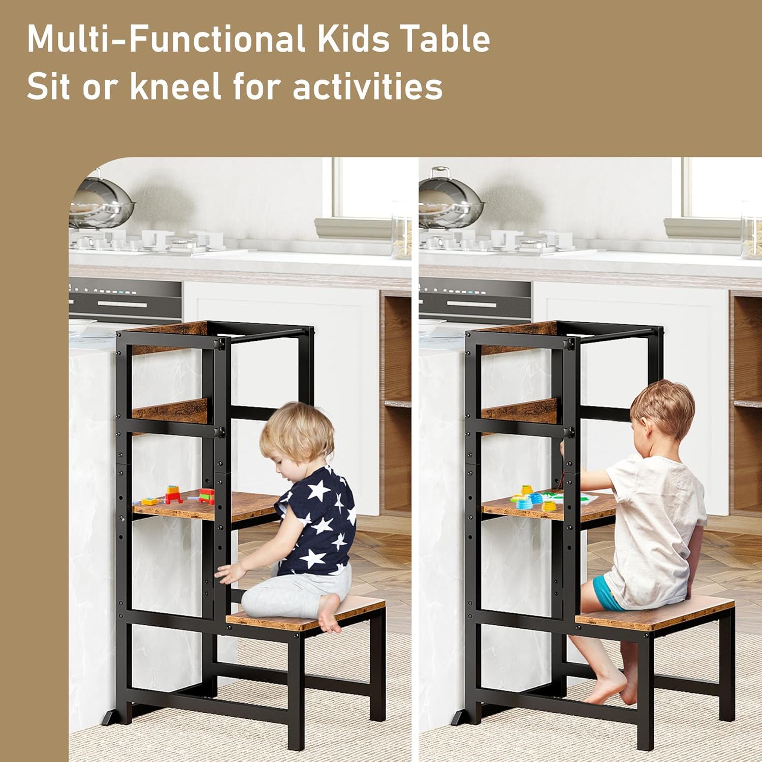 INNOD Kitchen Step Stool for Toddlers, Height Adjustable Toddler Tower with Safety Rail, Steel and Wood Toddler Kitchen Stool Helper Kids, Stool for Kids, Learning Tower, Kids' Desk Brown - 8