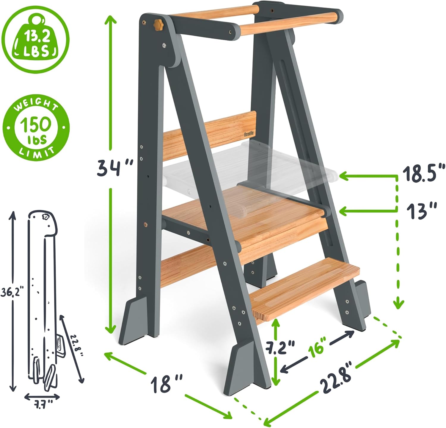OCODILE Adjustable Foldable Toddler Tower – Folding Tower for Kids - Montessori Toddler Kitchen Step Stool Helper for Independence - Gray - 2
