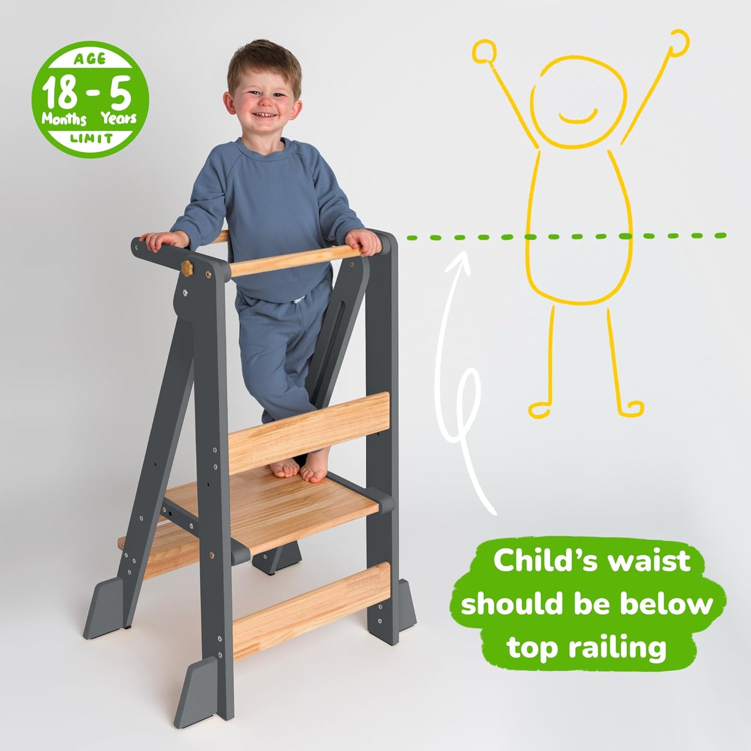 OCODILE Adjustable Foldable Toddler Tower – Folding Tower for Kids - Montessori Toddler Kitchen Step Stool Helper for Independence - Gray - 4