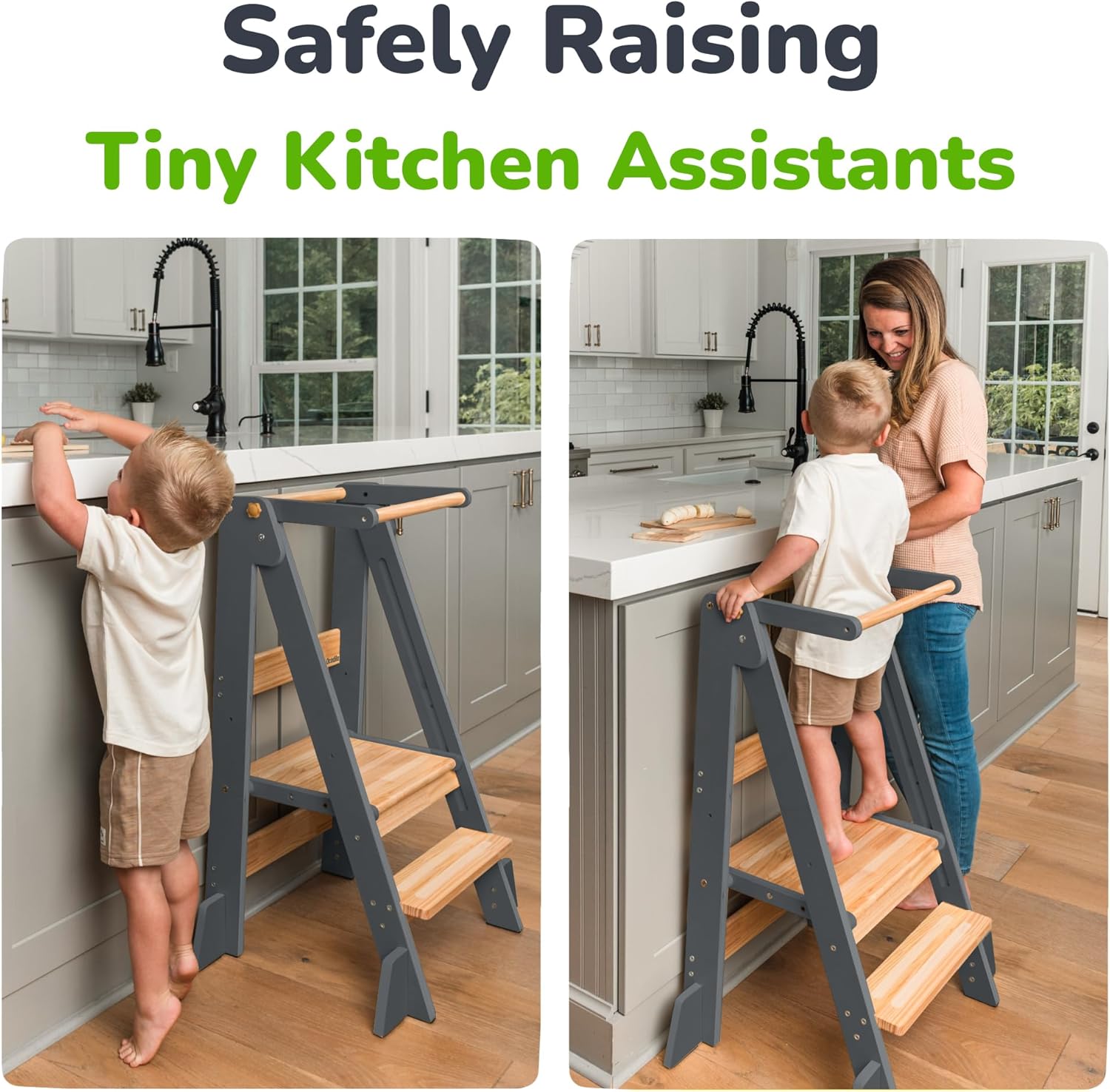 OCODILE Adjustable Foldable Toddler Tower – Folding Tower for Kids - Montessori Toddler Kitchen Step Stool Helper for Independence - Gray - 7