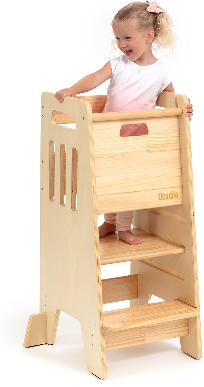 OCODILE Toddler Tower with a Sliding Door and 3 Adjustable Heights - Complete Toddler Kitchen Stool Helper with Support Feet - Safe Design for 18+ Months to 6-Year-Old Kids - Varnished - 1