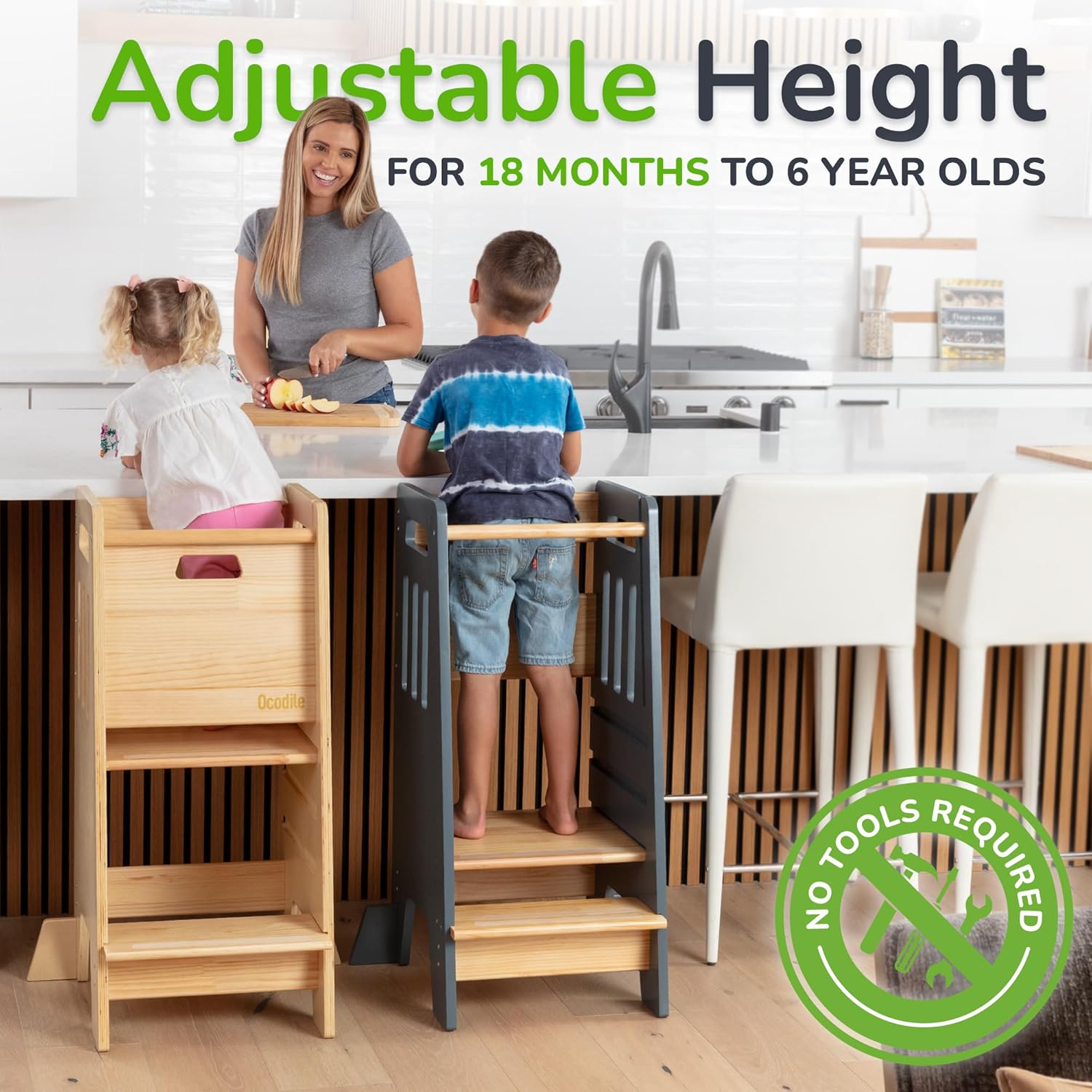 OCODILE Toddler Tower with a Sliding Door and 3 Adjustable Heights - Complete Toddler Kitchen Stool Helper with Support Feet - Safe Design for 18+ Months to 6-Year-Old Kids - Varnished - 4