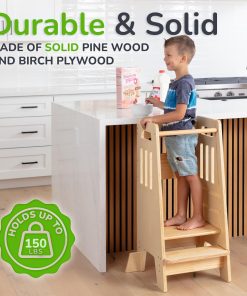 OCODILE Toddler Tower with a Sliding Door and 3 Adjustable Heights - Complete Toddler Kitchen Stool Helper with Support Feet - Safe Design for 18+ Months to 6-Year-Old Kids - Varnished - 5