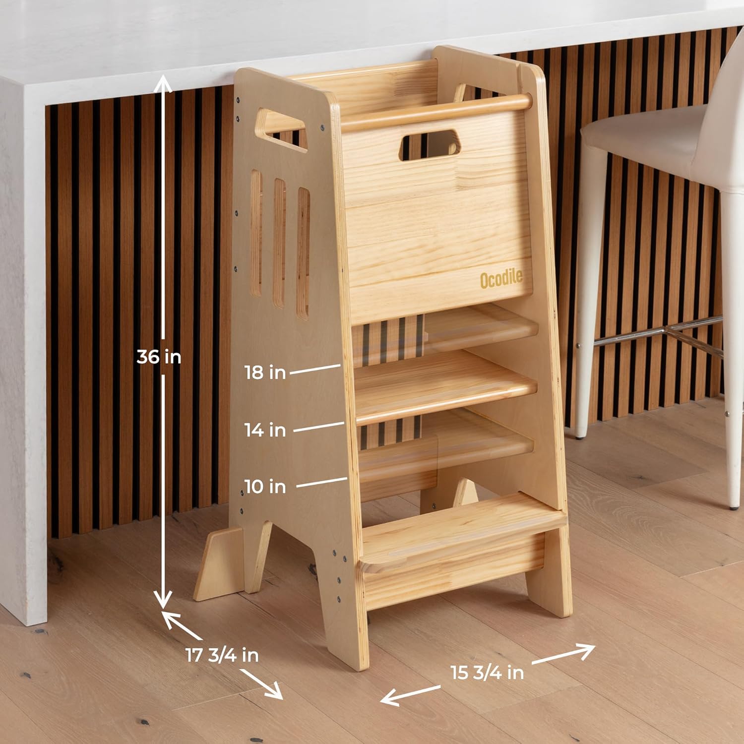 OCODILE Toddler Tower with a Sliding Door and 3 Adjustable Heights - Complete Toddler Kitchen Stool Helper with Support Feet - Safe Design for 18+ Months to 6-Year-Old Kids - Varnished - 6