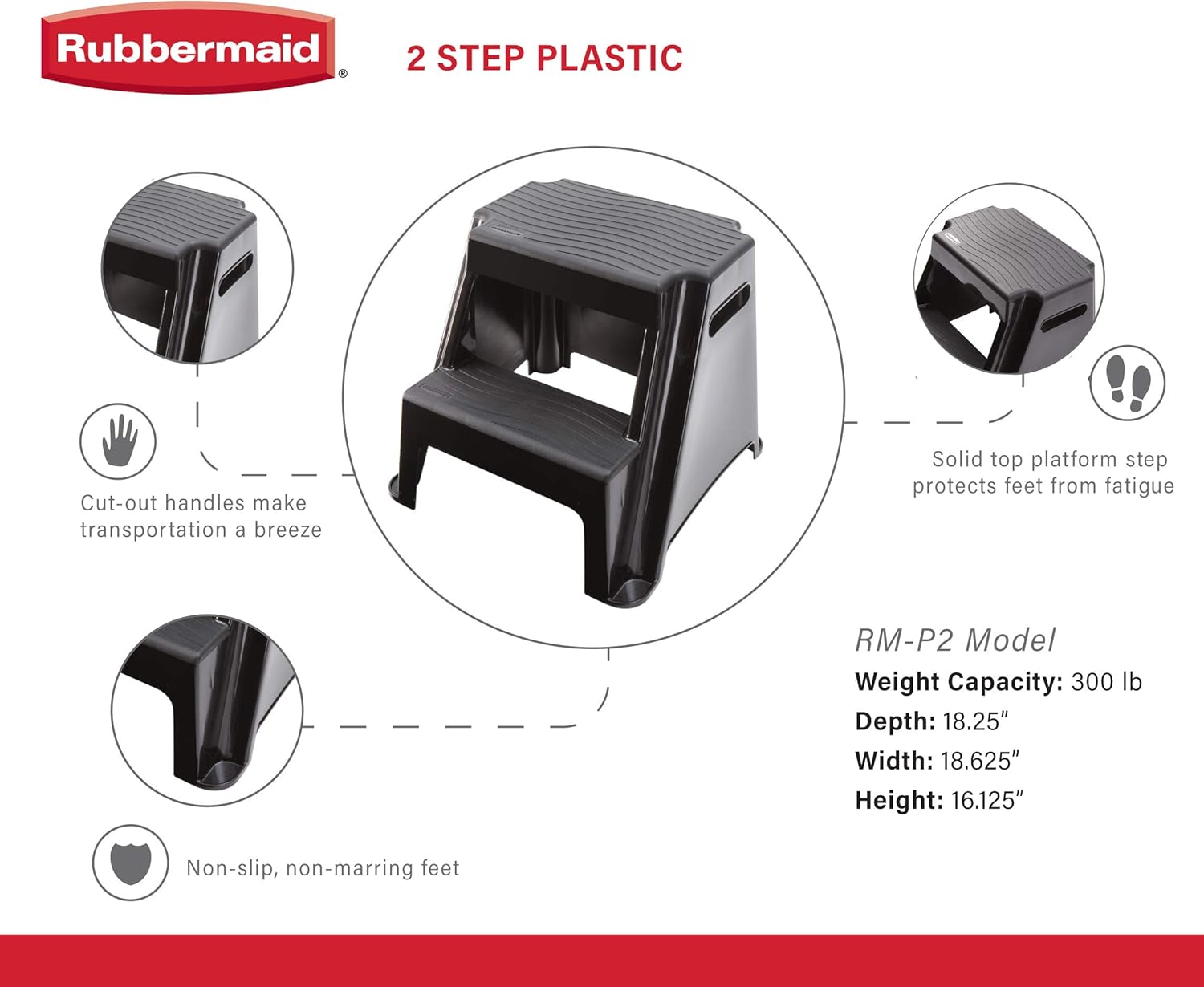 Rubbermaid 2-Step Molded Plastic Step Stool, Lightweight with Slip Resistant Treads and Non-Slip Feet, Black (Amazon Exclusive) - 2