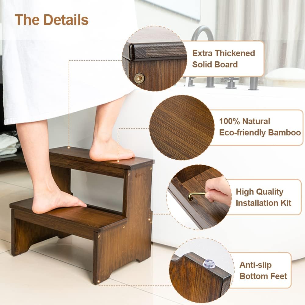 StrongTek Bamboo Two Step Stool for Adults and Kids, Bed Stepstool with Anti-Slip Bottom, Heavy Duty for Kitchen, Bathroom, Bedside Step Stool, Wooden Step Stairs 350 lbs Capacity - 5