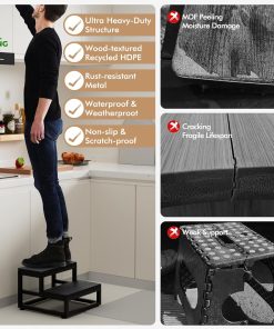Two-Step Stool for Adults & Kids, Waterproof HDPE Bed Step with Adjustable Non-Slip Feet, Sturdy Metal Frame for Kitchen, Bathroom, Bedroom, RV & Outdoor Use, Black - 2