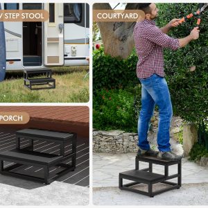Two-Step Stool for Adults & Kids, Waterproof HDPE Bed Step with Adjustable Non-Slip Feet, Sturdy Metal Frame for Kitchen, Bathroom, Bedroom, RV & Outdoor Use, Black - 8