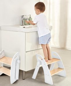 Wooden 2 Step Stool for Kids Bathroom Sink Foldable Anti-Slip 2-Step for Toilet Potty Training, Child Stepping Stool for Kitchen Nursery Bedroom, Sturdy Non Slip Adult Stool for Closet - 1