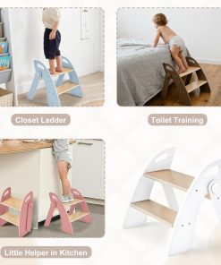 Wooden 2 Step Stool for Kids Bathroom Sink Foldable Anti-Slip 2-Step for Toilet Potty Training, Child Stepping Stool for Kitchen Nursery Bedroom, Sturdy Non Slip Adult Stool for Closet - 2