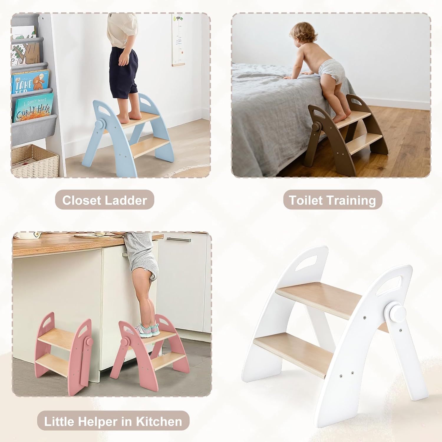 Wooden 2 Step Stool for Kids Bathroom Sink Foldable Anti-Slip 2-Step for Toilet Potty Training, Child Stepping Stool for Kitchen Nursery Bedroom, Sturdy Non Slip Adult Stool for Closet - 2