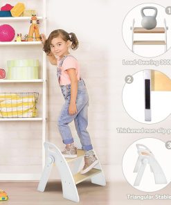 Wooden 2 Step Stool for Kids Bathroom Sink Foldable Anti-Slip 2-Step for Toilet Potty Training, Child Stepping Stool for Kitchen Nursery Bedroom, Sturdy Non Slip Adult Stool for Closet - 4