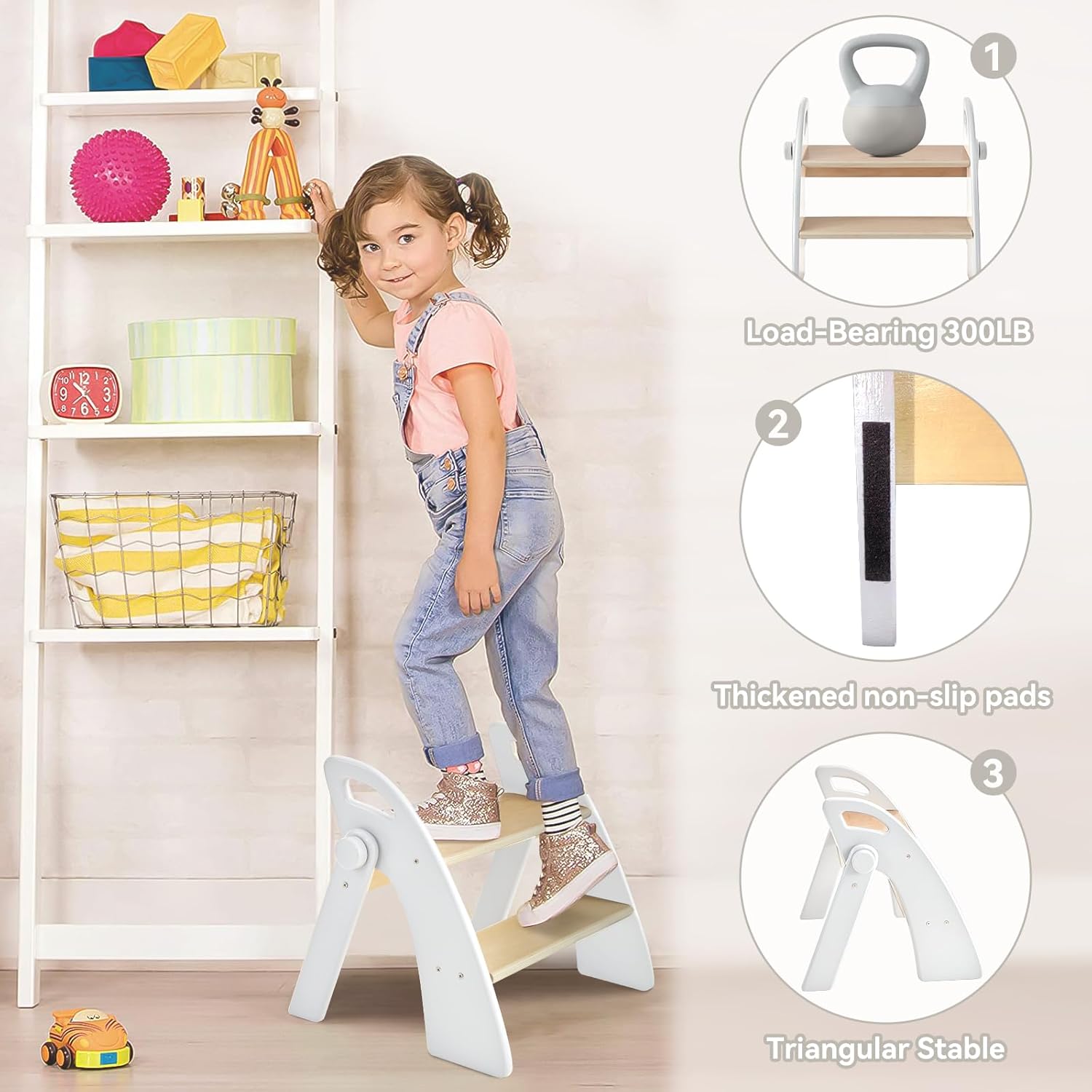 Wooden 2 Step Stool for Kids Bathroom Sink Foldable Anti-Slip 2-Step for Toilet Potty Training, Child Stepping Stool for Kitchen Nursery Bedroom, Sturdy Non Slip Adult Stool for Closet - 4