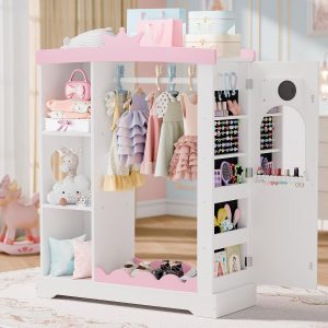 Betterhood Kids Closet with Jewelry Cabinet, Dress up Storage with Shelves&Mirror, Costumes Wardrobe Closet with Hanging Rack for Toddlers,Organizer for Bedroom, (Kids' Armoires, White) - 1