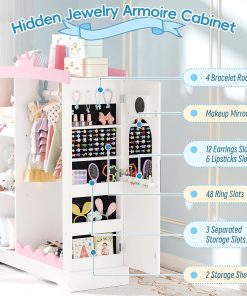 Betterhood Kids Closet with Jewelry Cabinet, Dress up Storage with Shelves&Mirror, Costumes Wardrobe Closet with Hanging Rack for Toddlers,Organizer for Bedroom, (Kids' Armoires, White) - 3