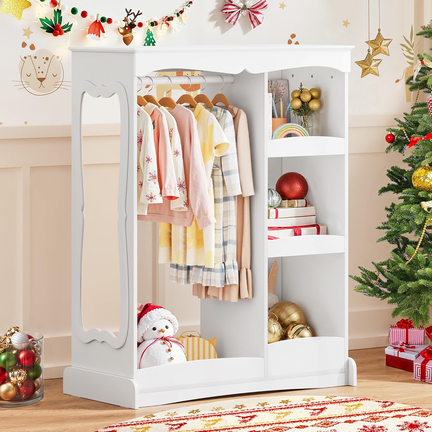 Curipeer Kids Dress Up Storage with Flower Mirror, Open Hanging Closet Wardrobe for Children, Kids Armoire & Costume Organizer for Bedroom Playroom Preschools Classroom, White - 1