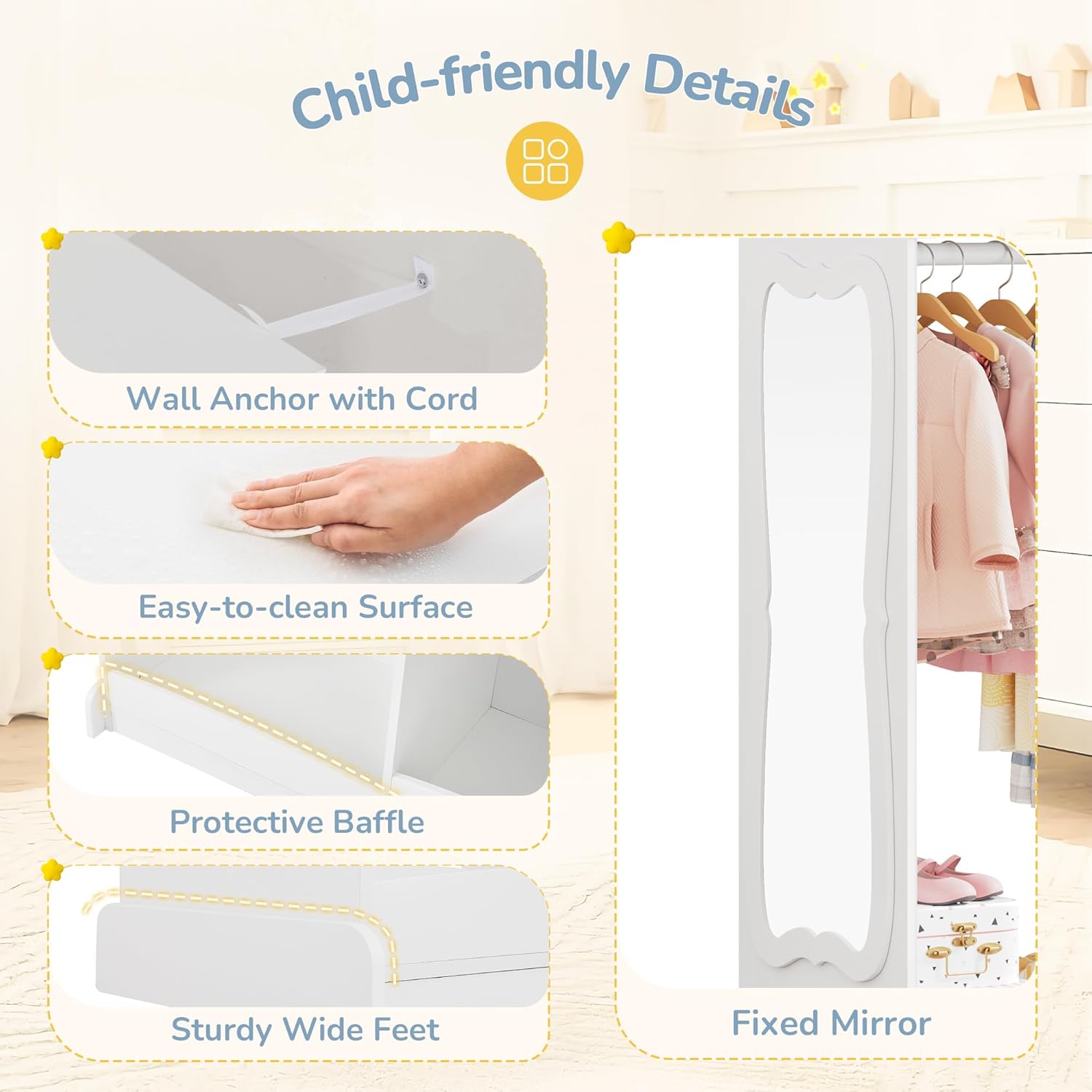 Curipeer Kids Dress Up Storage with Flower Mirror, Open Hanging Closet Wardrobe for Children, Kids Armoire & Costume Organizer for Bedroom Playroom Preschools Classroom, White - 4