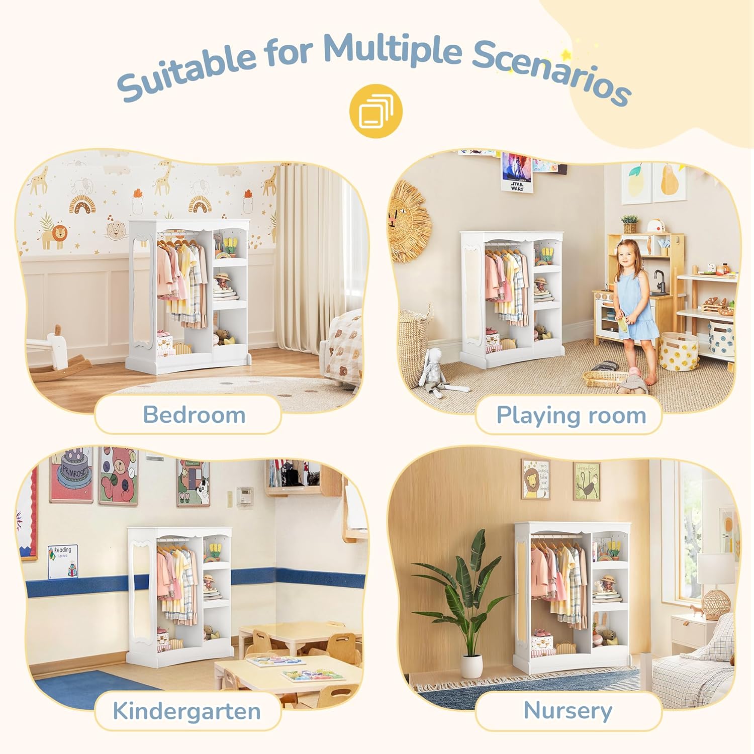 Curipeer Kids Dress Up Storage with Flower Mirror, Open Hanging Closet Wardrobe for Children, Kids Armoire & Costume Organizer for Bedroom Playroom Preschools Classroom, White - 5