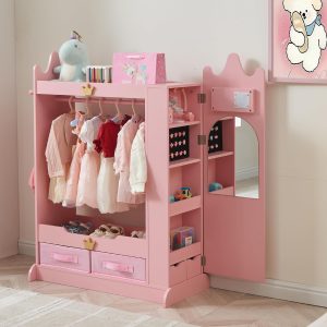 Dress Up Storage, Kids Armoire Closet with Mirror and Shelves, Princess Dress Up Rack for Little Girls, Kids Clothing Rack Wardrobe Closet for Bedroom, Playroom, Girls (Pink) - 1