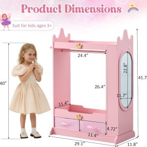 Dress Up Storage, Kids Armoire Closet with Mirror and Shelves, Princess Dress Up Rack for Little Girls, Kids Clothing Rack Wardrobe Closet for Bedroom, Playroom, Girls (Pink) - 2
