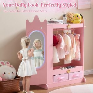 Dress Up Storage, Kids Armoire Closet with Mirror and Shelves, Princess Dress Up Rack for Little Girls, Kids Clothing Rack Wardrobe Closet for Bedroom, Playroom, Girls (Pink) - 3