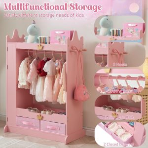 Dress Up Storage, Kids Armoire Closet with Mirror and Shelves, Princess Dress Up Rack for Little Girls, Kids Clothing Rack Wardrobe Closet for Bedroom, Playroom, Girls (Pink) - 4