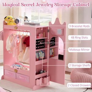 Dress Up Storage, Kids Armoire Closet with Mirror and Shelves, Princess Dress Up Rack for Little Girls, Kids Clothing Rack Wardrobe Closet for Bedroom, Playroom, Girls (Pink) - 5