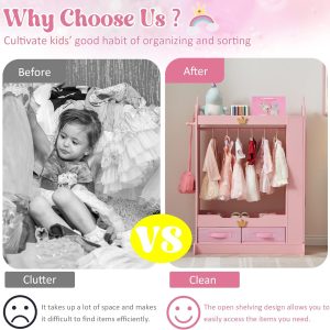 Dress Up Storage, Kids Armoire Closet with Mirror and Shelves, Princess Dress Up Rack for Little Girls, Kids Clothing Rack Wardrobe Closet for Bedroom, Playroom, Girls (Pink) - 6