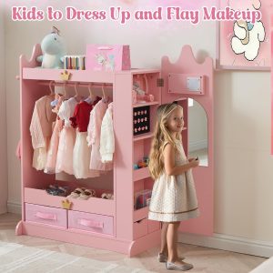 Dress Up Storage, Kids Armoire Closet with Mirror and Shelves, Princess Dress Up Rack for Little Girls, Kids Clothing Rack Wardrobe Closet for Bedroom, Playroom, Girls (Pink) - 7