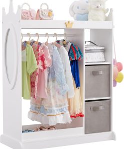 Kids Dress Up Storage with Mirror, Costume Organizer with Hanging Rod, 3 Shelves & 2 Bins, Dress Up Closet Armoire for Kidroom & Playroom (White-1) - 1