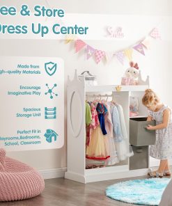 Kids Dress Up Storage with Mirror, Costume Organizer with Hanging Rod, 3 Shelves & 2 Bins, Dress Up Closet Armoire for Kidroom & Playroom (White-1) - 3