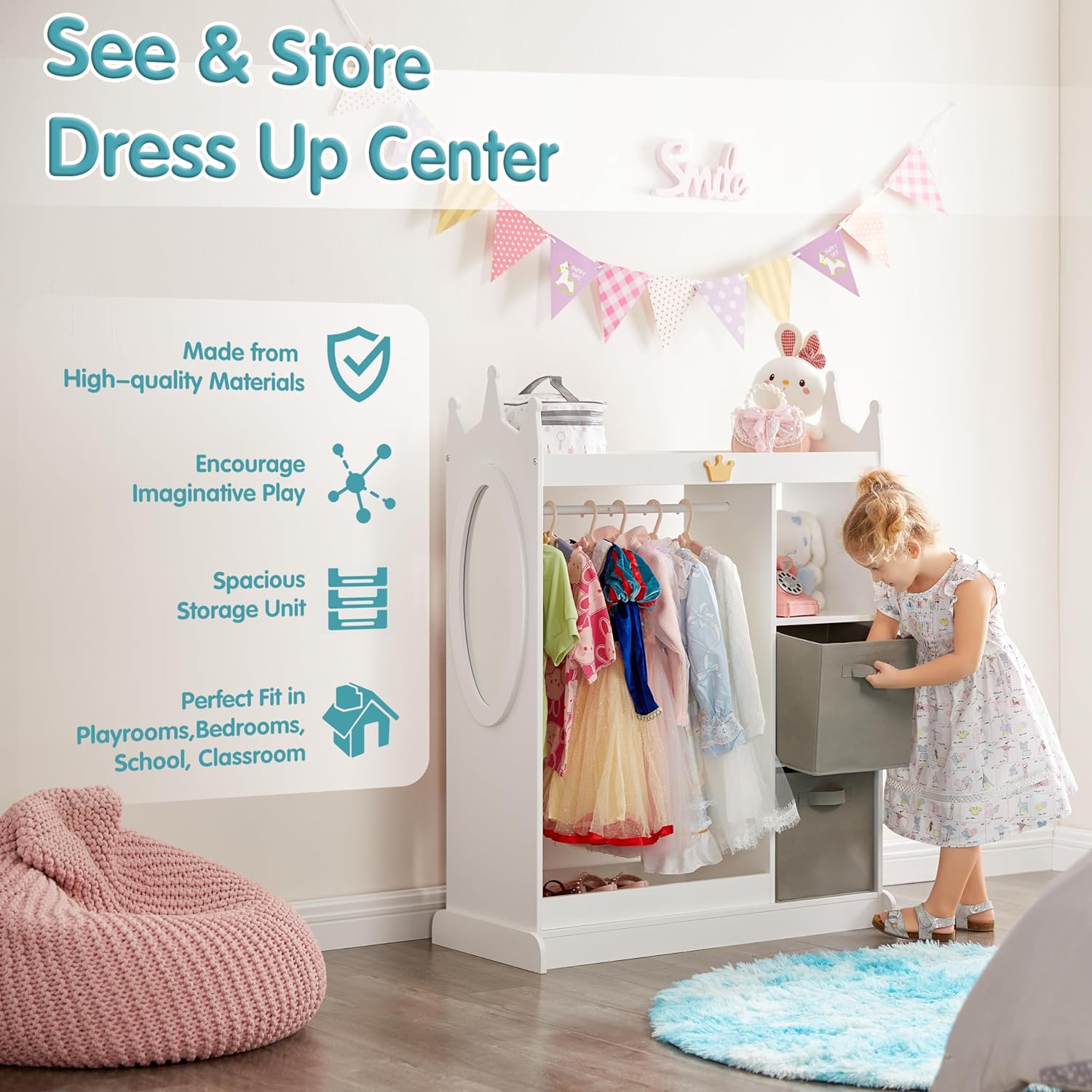 Kids Dress Up Storage with Mirror, Costume Organizer with Hanging Rod, 3 Shelves & 2 Bins, Dress Up Closet Armoire for Kidroom & Playroom (White-1) - 3