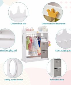 Kids Dress Up Storage with Mirror, Costume Organizer with Hanging Rod, 3 Shelves & 2 Bins, Dress Up Closet Armoire for Kidroom & Playroom (White-1) - 4