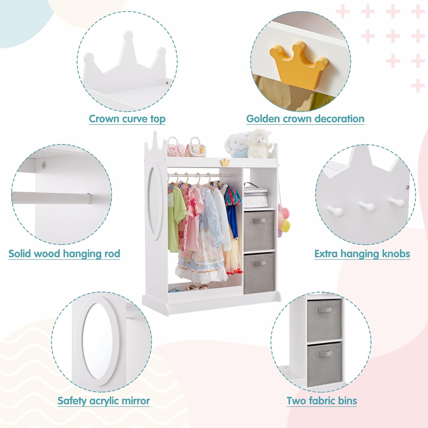 Kids Dress Up Storage with Mirror, Costume Organizer with Hanging Rod, 3 Shelves & 2 Bins, Dress Up Closet Armoire for Kidroom & Playroom (White-1) - 4