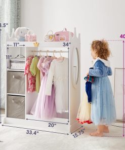 Kids Dress Up Storage with Mirror, Costume Organizer with Hanging Rod, 3 Shelves & 2 Bins, Dress Up Closet Armoire for Kidroom & Playroom (White-1) - 5