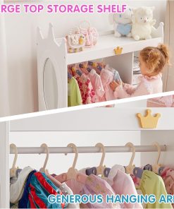 Kids Dress Up Storage with Mirror, Costume Organizer with Hanging Rod, 3 Shelves & 2 Bins, Dress Up Closet Armoire for Kidroom & Playroom (White-1) - 6