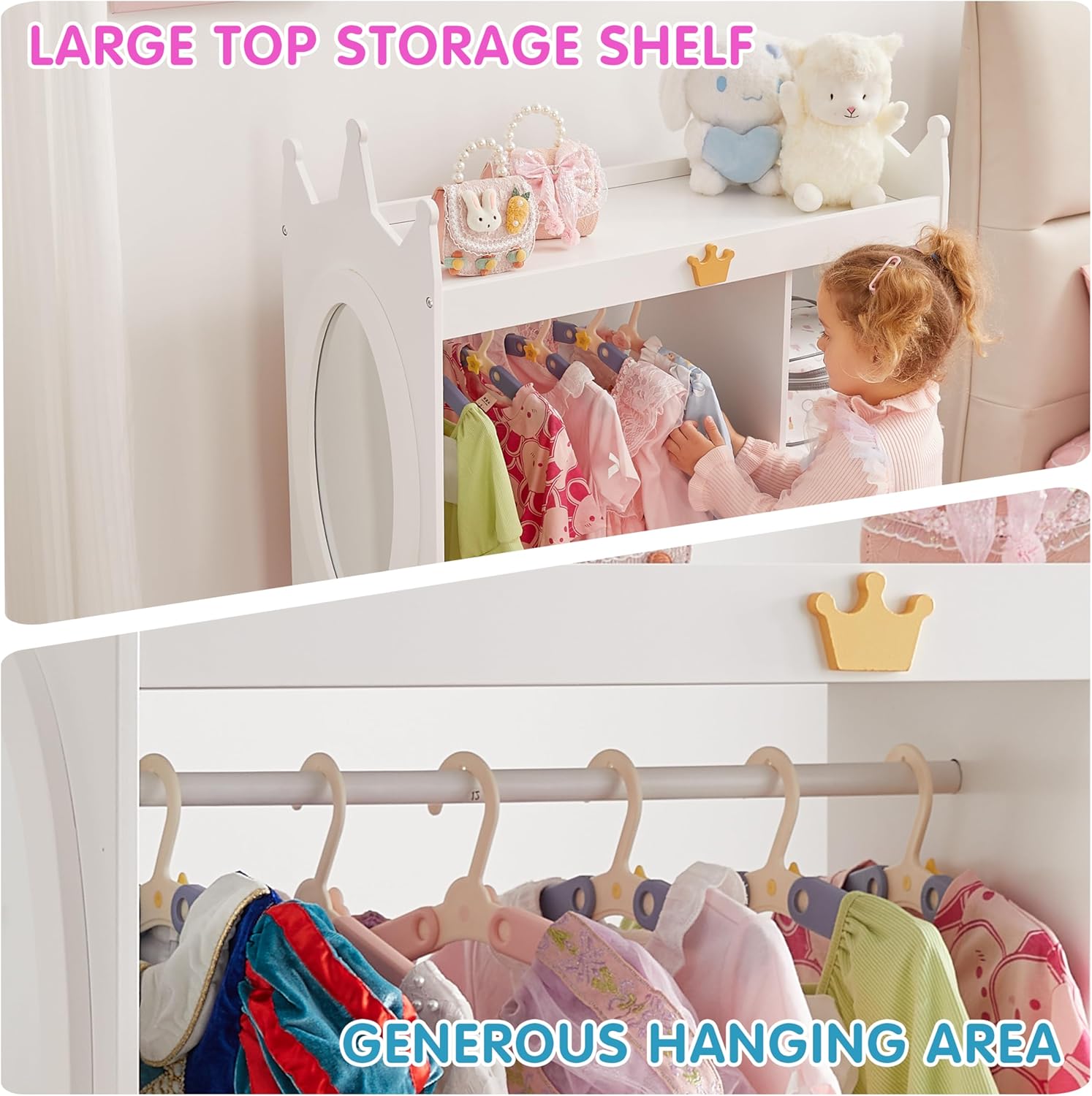 Kids Dress Up Storage with Mirror, Costume Organizer with Hanging Rod, 3 Shelves & 2 Bins, Dress Up Closet Armoire for Kidroom & Playroom (White-1) - 6