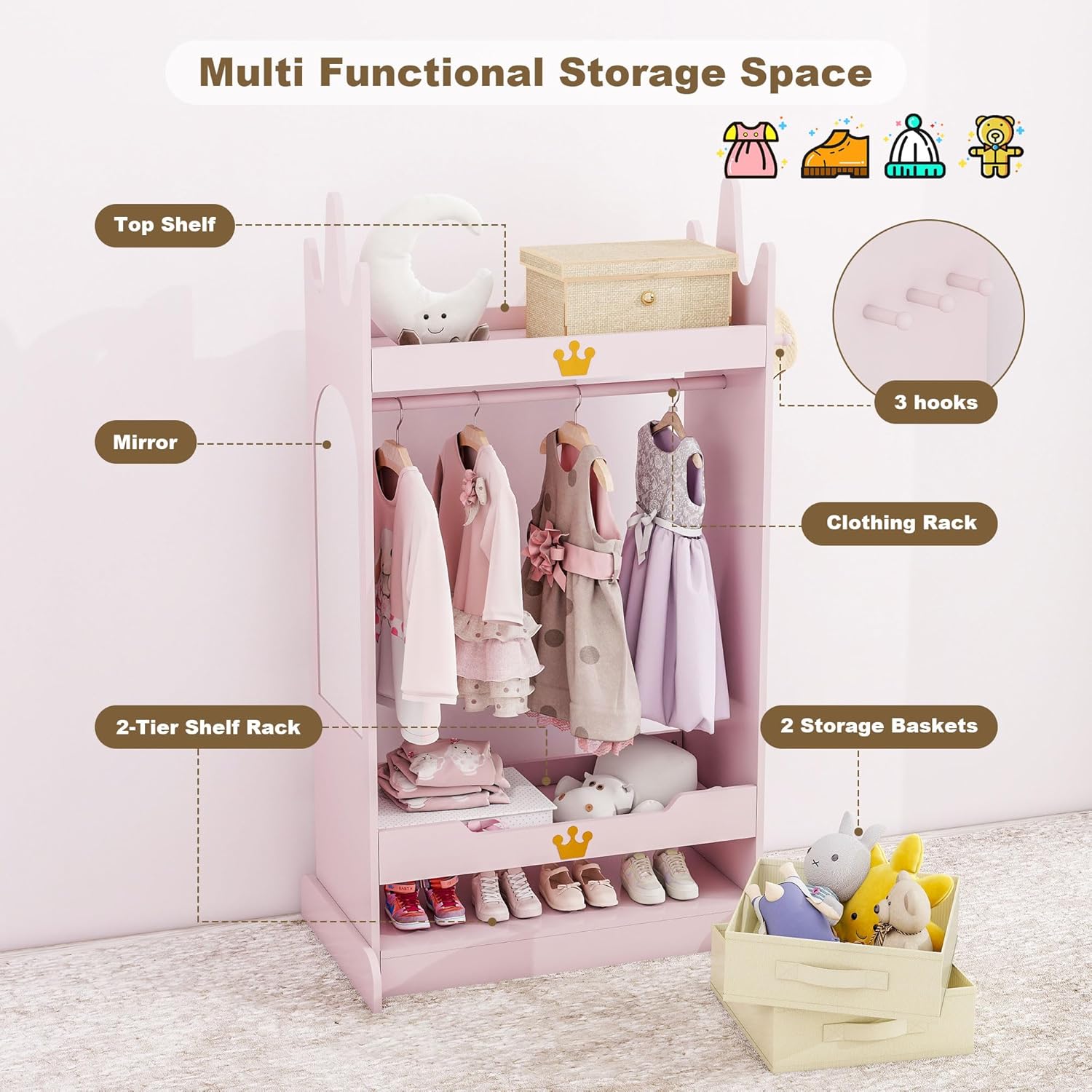 Kids Dress Up Storage with Mirror, Kids Open Hanging Armoire & Costume Storage Dresser, Costumes Wardrobe Closet for Bedroom, Nursery, Preschool, Pink - 5