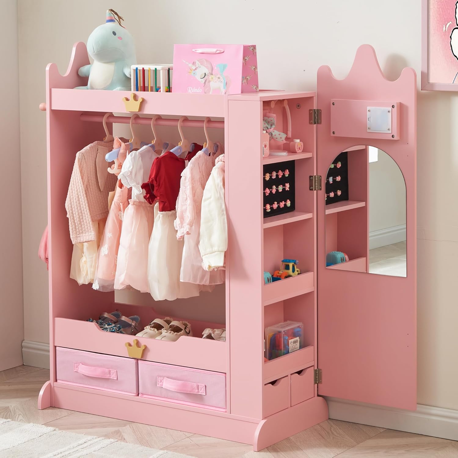 Kids Princess Armoire Dress Up Storage - Wardrobe Closet with Dual Mirrors, Hidden Jewelry Cabinet, Shelves & Hanging Rack for Little Girls' Bedroom, Playroom (Pink) - 1