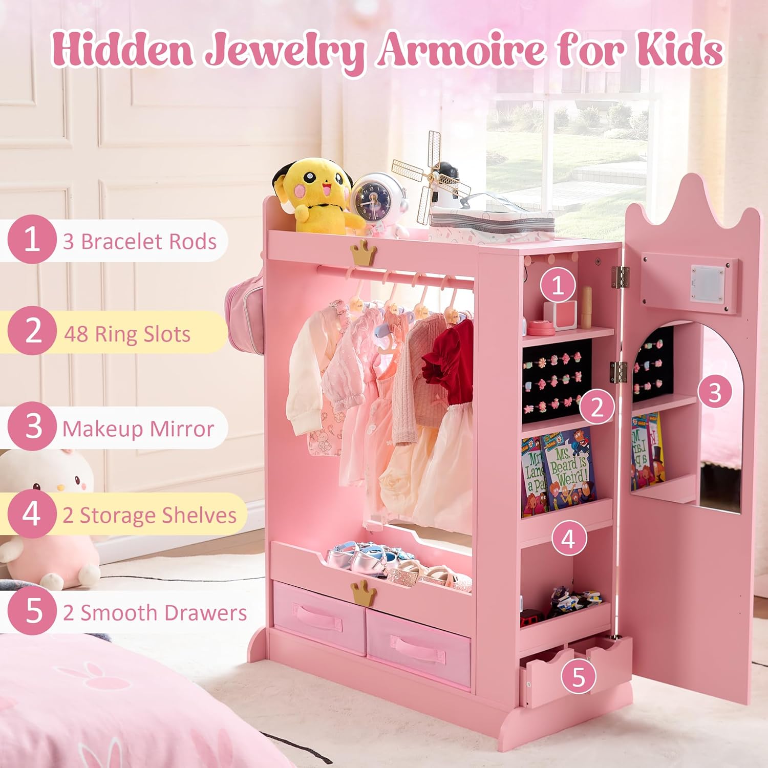 Kids Princess Armoire Dress Up Storage - Wardrobe Closet with Dual Mirrors, Hidden Jewelry Cabinet, Shelves & Hanging Rack for Little Girls' Bedroom, Playroom (Pink) - 3