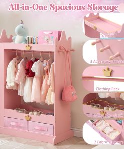 Kids Princess Armoire Dress Up Storage - Wardrobe Closet with Dual Mirrors, Hidden Jewelry Cabinet, Shelves & Hanging Rack for Little Girls' Bedroom, Playroom (Pink) - 5